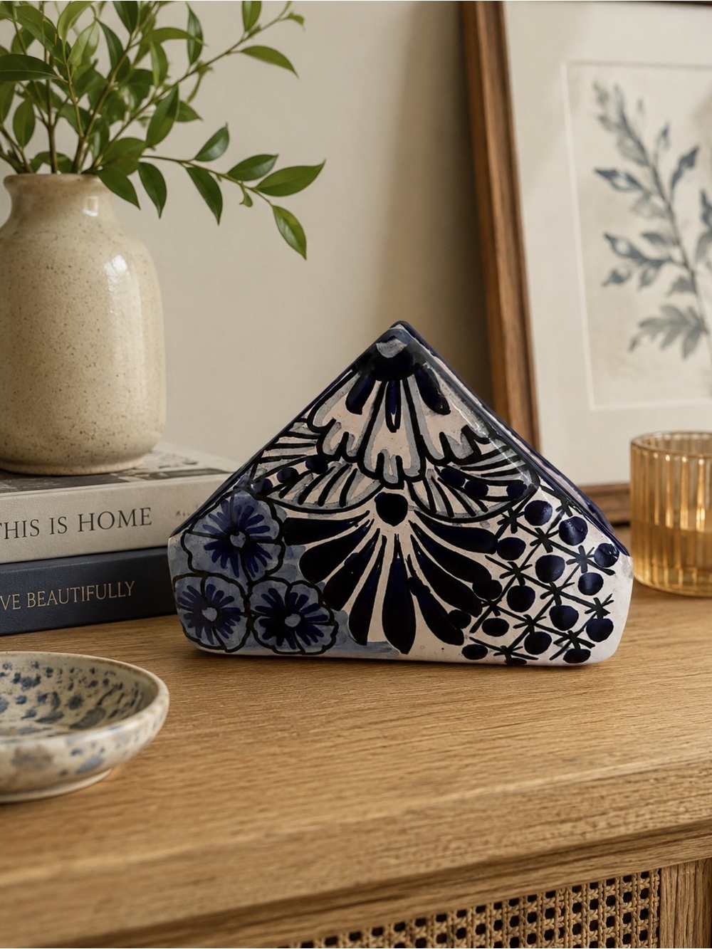 MEXICANA Blue and White Hand-Painted Ceramic Decorative Basket